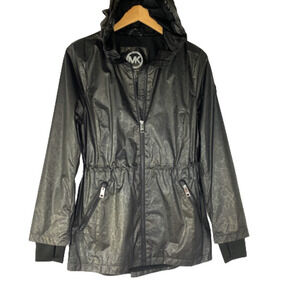Michael Kors Hooded‎ Rain Jacket Women S Black Cinch Waist Logo Gorpcore NWOT